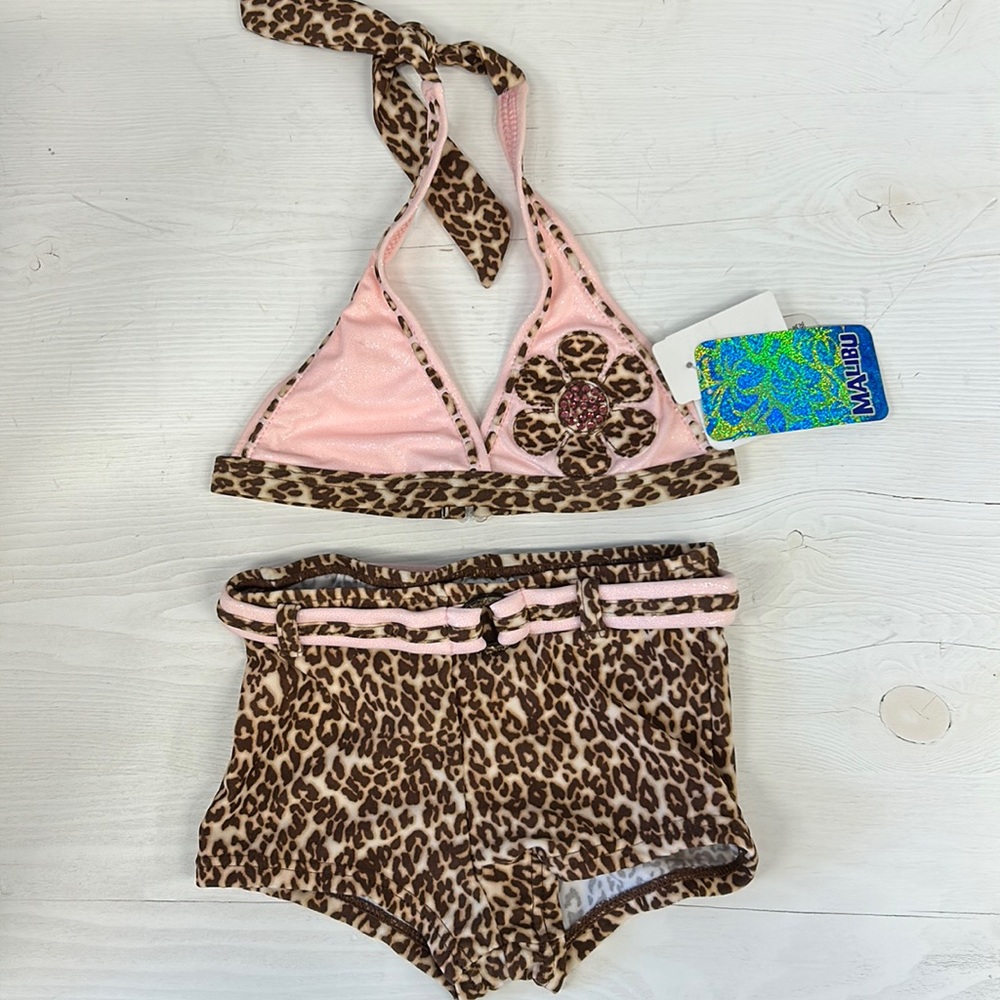 NWT MALIBU Flower and Leopard Pattern Triangle Bikini Kids